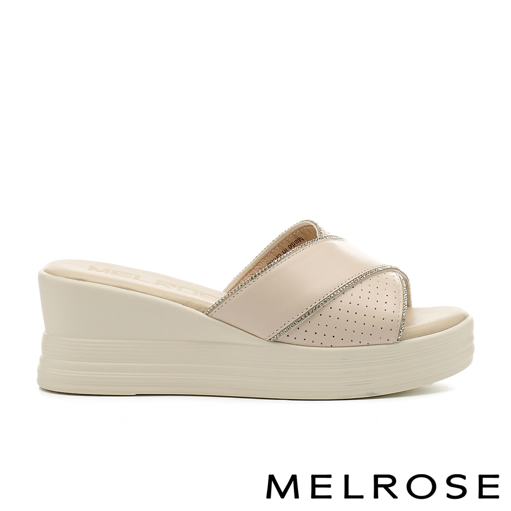 MELROSE 美樂斯 率性時尚晶鑽交叉寬帶羊皮厚底拖鞋－米白
