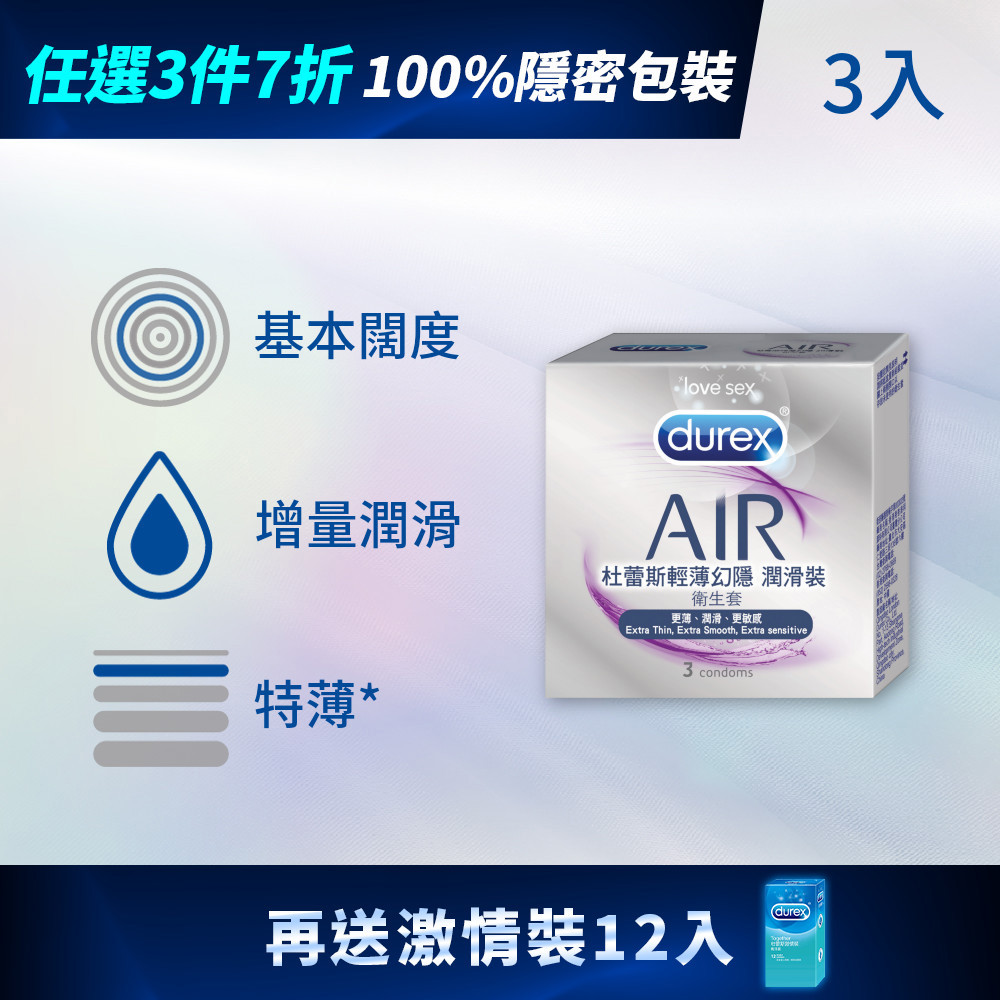 【買9送12】杜蕾斯輕薄幻隱潤滑裝衛生套3入