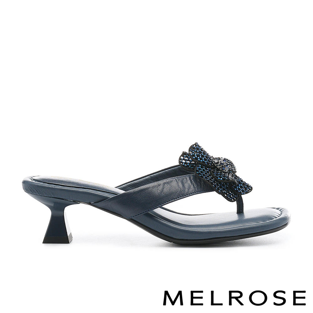 MELROSE 美樂斯 華麗氣質水鑽花朵綿羊皮人字高跟拖鞋－藍