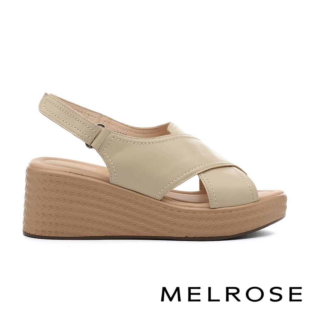 MELROSE 美樂斯 夏日輕旅 率性質感交叉寬帶牛油皮厚底涼鞋－米白