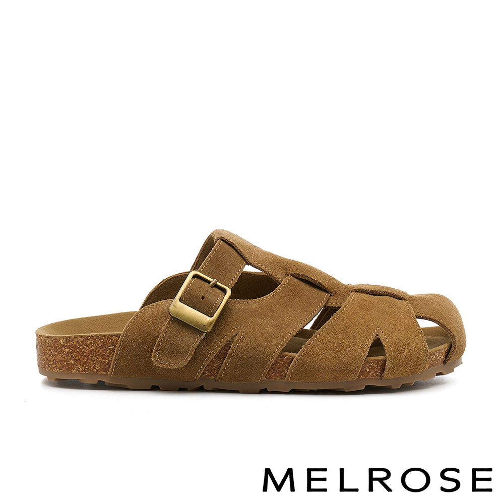 MELROSE 美樂斯 率性舒適絨感魚骨編厚底休閒穆勒拖鞋－駝