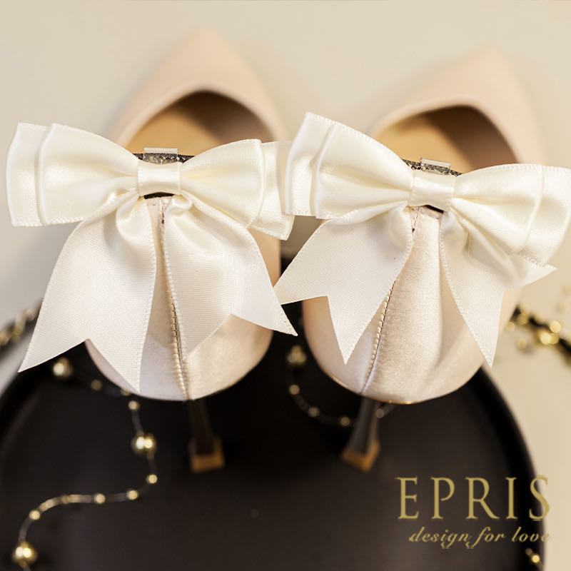 鞋飾配件｜ 緞帶蝴蝶結貼飾(米白)-CM033 DIY鞋子改造 高跟鞋裝飾 黏貼式蝴蝶結 蝴蝶結鞋子配件 鞋子裝飾貼
