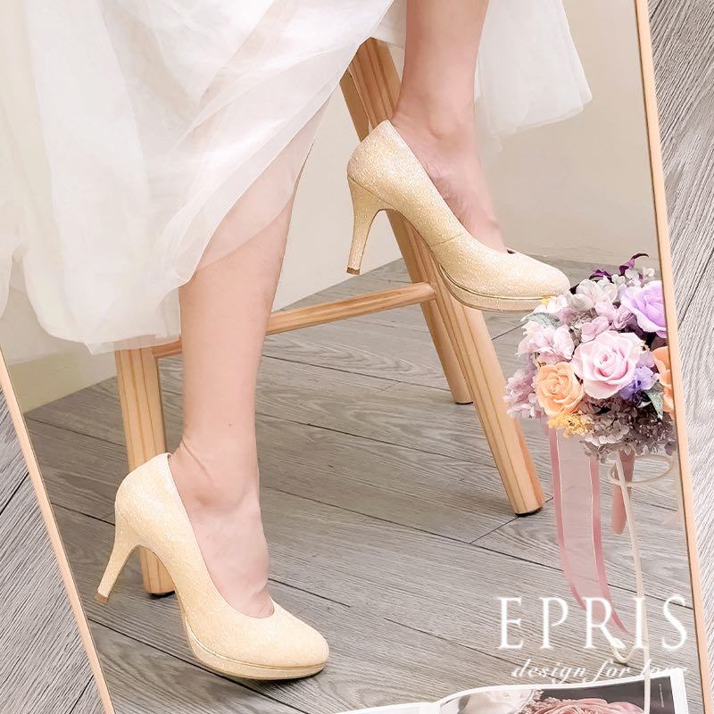 現貨 婚鞋新娘鞋 暖曦公主-P525-P526 金色高跟鞋 蕾絲婚鞋 穩定跟高跟鞋 圓頭高跟鞋 20.5-28 EPRIS艾佩絲-五彩蕾絲金