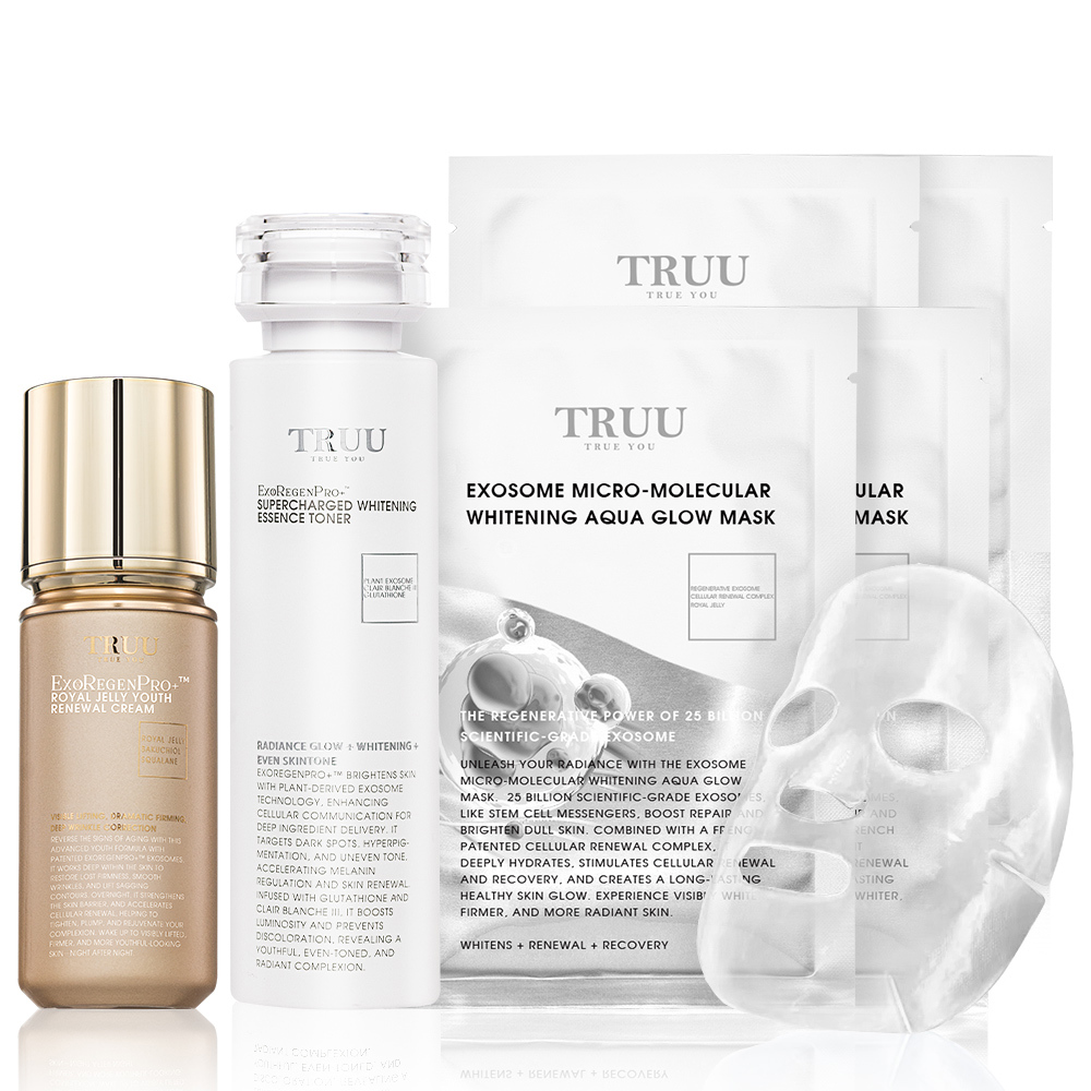 蜂王乳外泌體青春再生乳液【佩甄．小嫻推薦】+美白外泌體超導精華露+外泌體微分子美白水光面膜 4入（250億科學級外泌體）【佩甄．小嫻推薦】