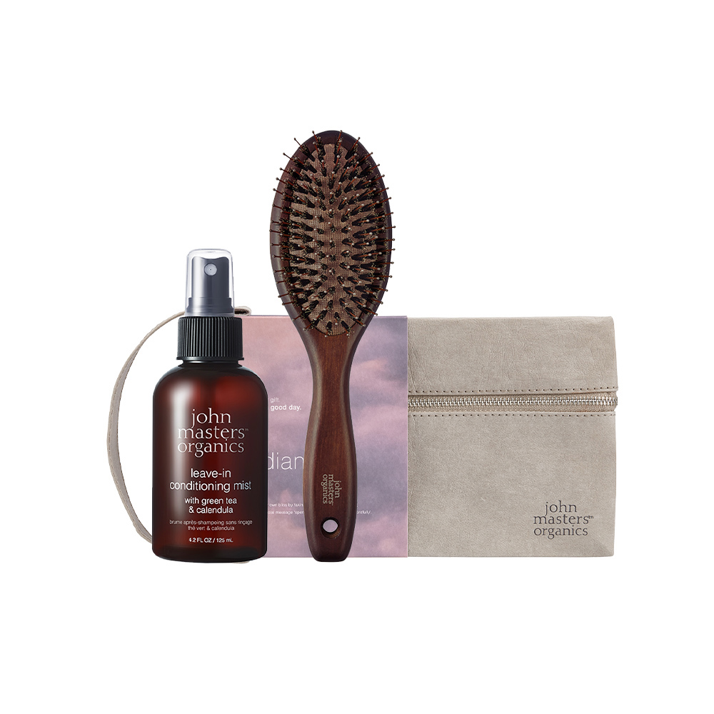 John Masters Organics 煥彩日常-護髮造型組 (綠茶金盞花抗毛躁噴霧125ml +全新便攜式天然離子按摩梳+旅行收納袋)