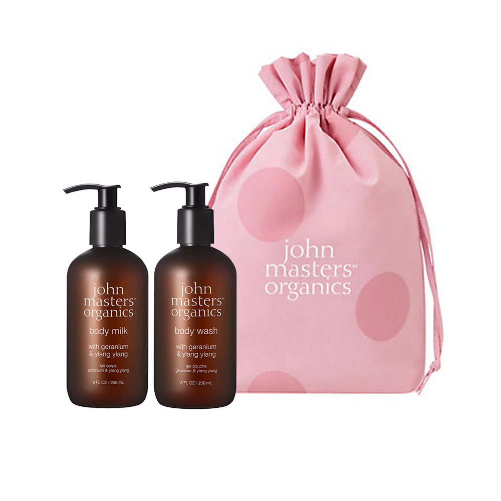 John masters organics 天竺葵依蘭沐浴保養組(沐浴露+身體乳) 含束口袋櫻花粉