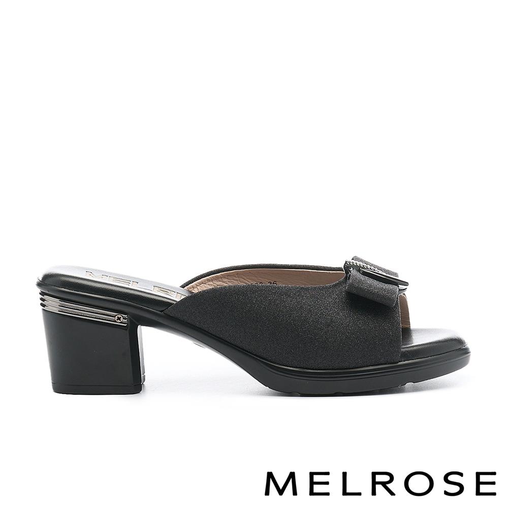 MELROSE 美樂斯 華麗高雅晶鑽金屬釦蝴蝶結金蔥布高跟拖鞋－黑