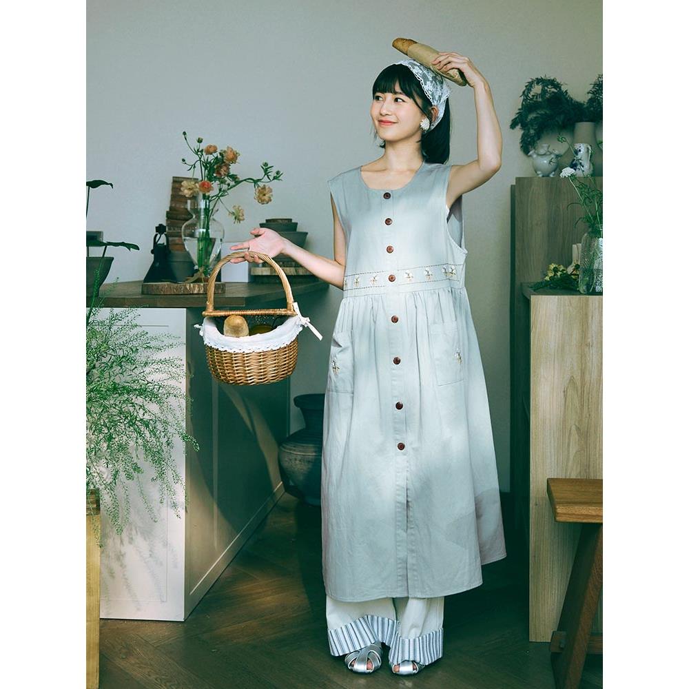 日系純棉花卉刺繡開襟排釦罩衫洋裝