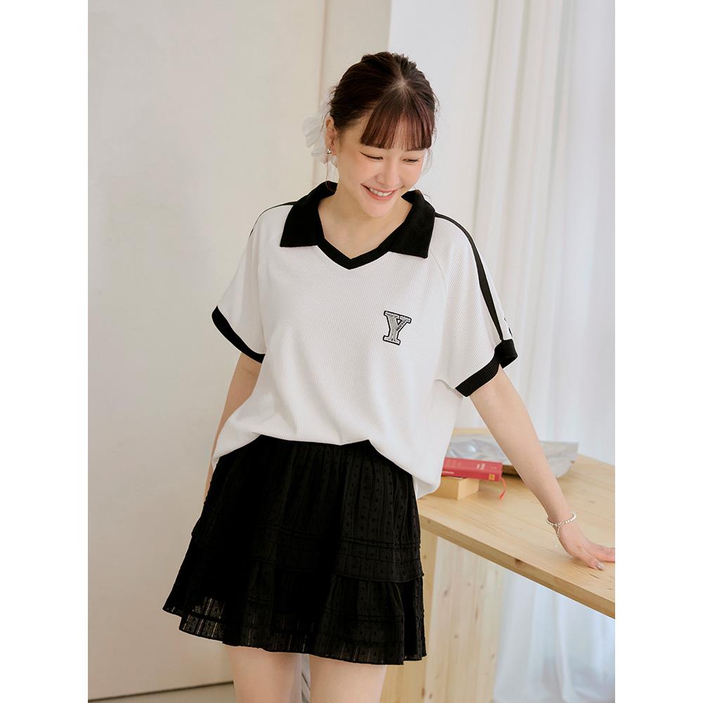 美式撞色翻領POLO領刺繡短袖上衣
