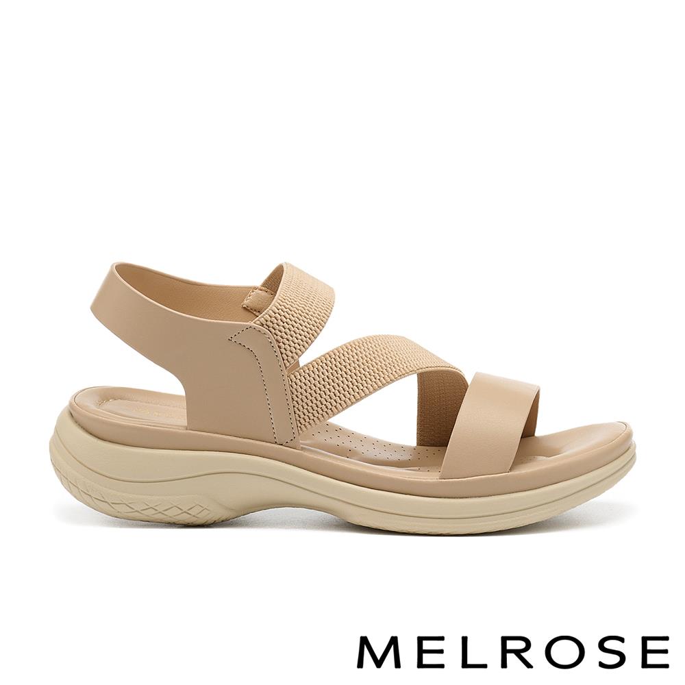 MELROSE 美樂斯 簡約率性純色寬帶異材質厚底涼鞋－杏