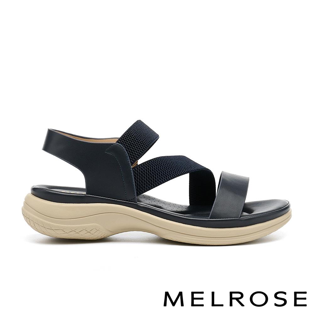 MELROSE 美樂斯 簡約率性純色寬帶異材質厚底涼鞋－藍