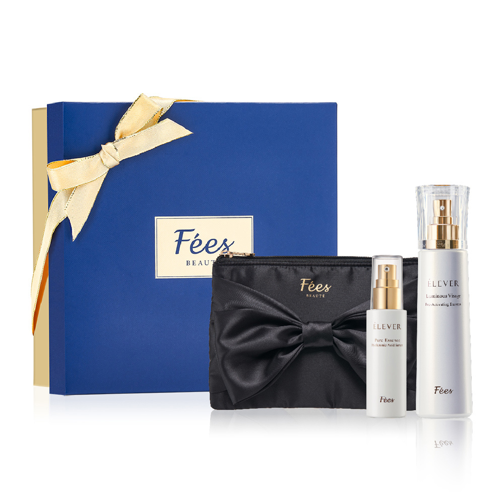 【Fees Beaute】金燦美肌禮盒(玻尿酸精華原液50ml+煥采智能精露150ml+蝴蝶化妝包-黑色)