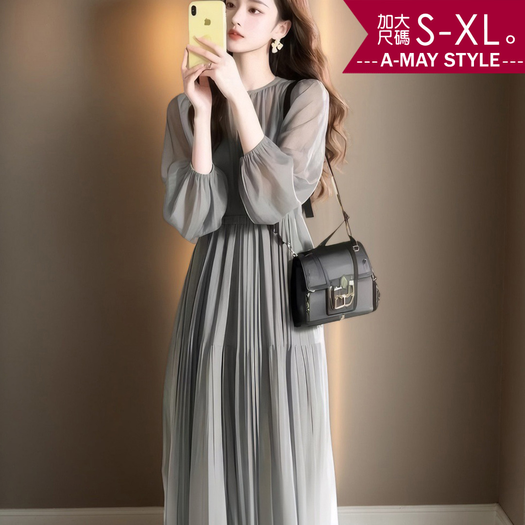 加大碼女裝 連身裙 法式優雅輕透顯瘦百褶裙連身洋裝(S-XL)【XAM250348】＊艾美時尚(現 預)