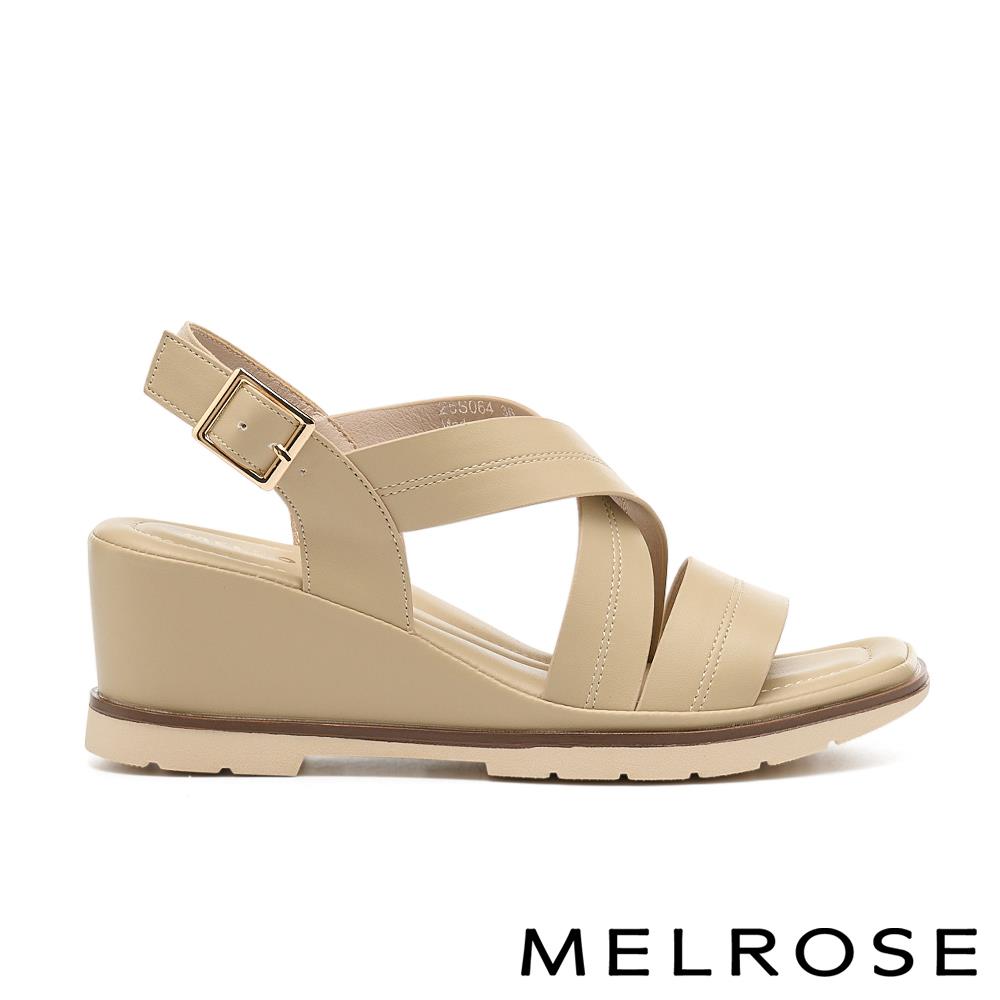 MELROSE 美樂斯 簡約氣質純色交叉寬帶楔型厚底涼鞋－杏