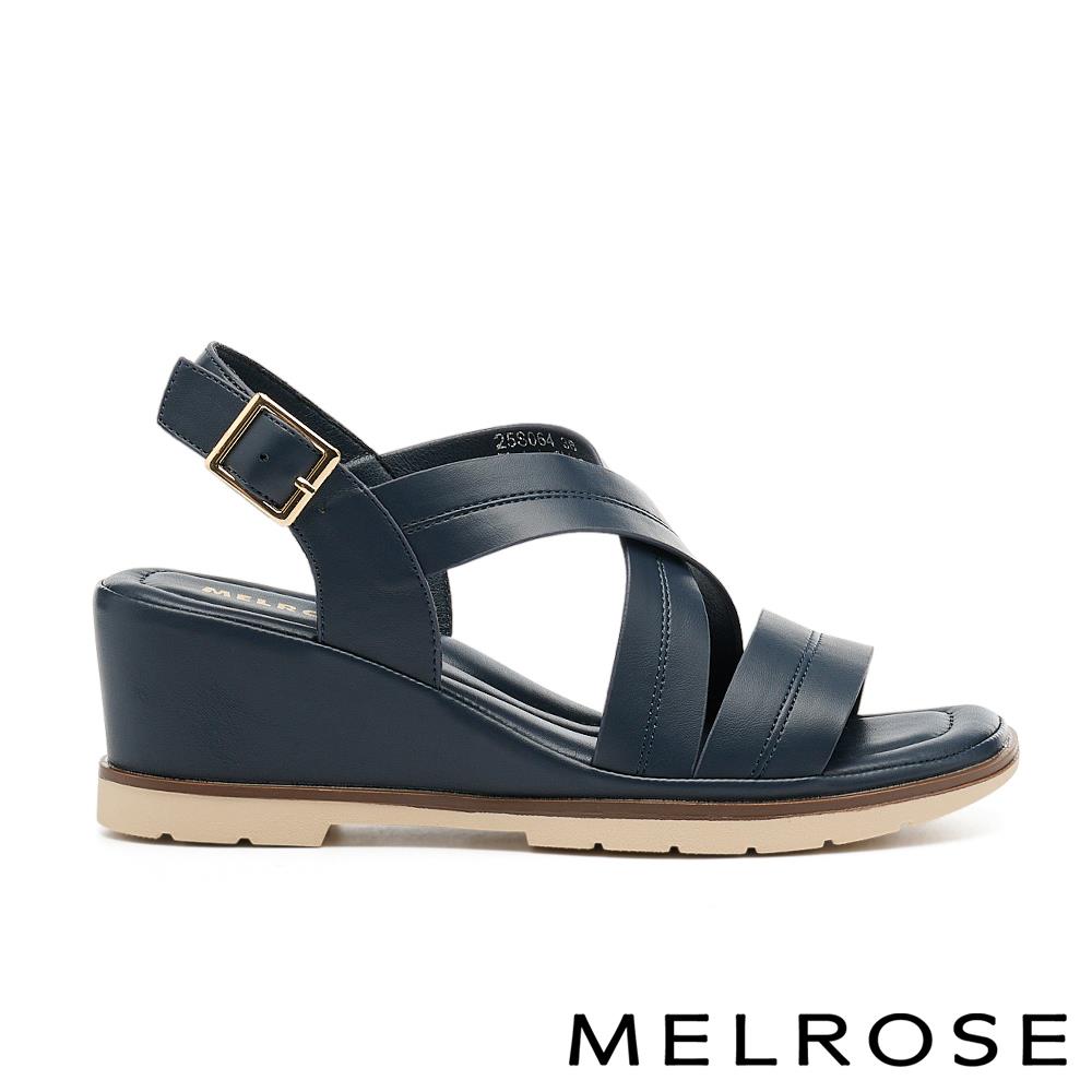 MELROSE 美樂斯 簡約氣質純色交叉寬帶楔型厚底涼鞋－藍