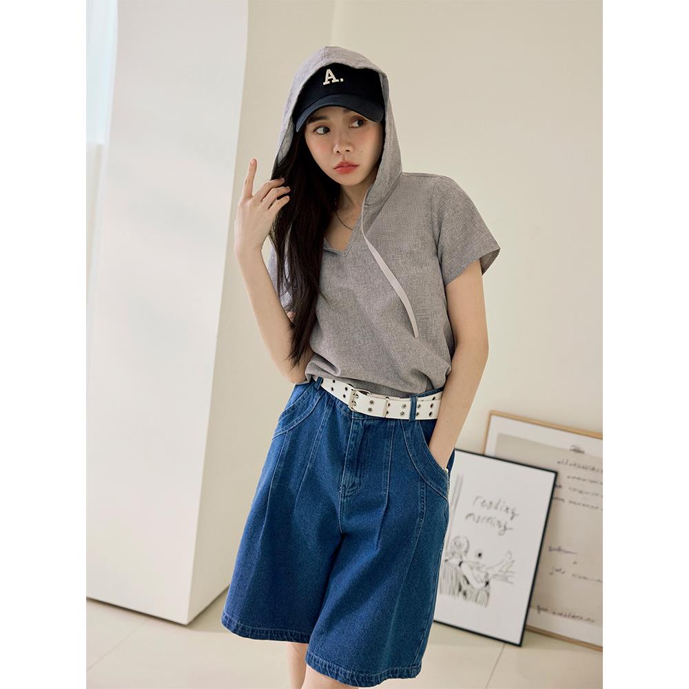 素面V領蕾絲連帽短袖上衣