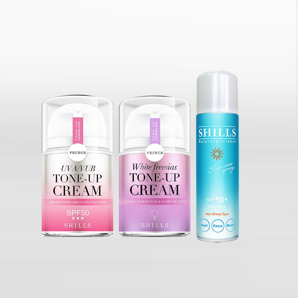 【裸妝抗紫外線✨】SHILLS舒兒絲 抗UV美白濾鏡素顏霜(任選)40ml*2+【美容液添加】SHILLS舒兒絲很耐曬超清爽零油感防曬冰鎮噴霧(日本藍)*1