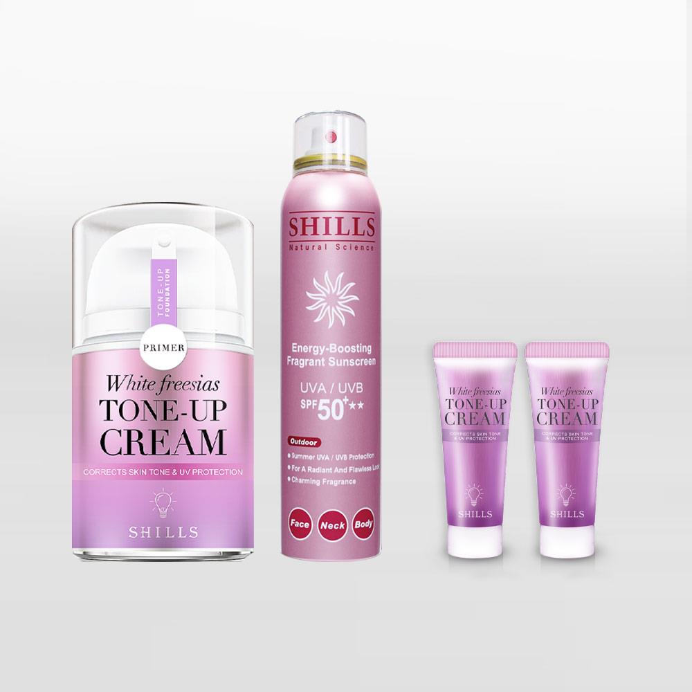 【提亮美肌超抗曬✨】SHILLS舒兒絲 抗UV美白濾鏡素顏霜(任選)40ml*1+SHILLS很耐曬超清爽香氛美肌美白防曬冰鎮噴霧(180ml)*1+ 送 SHILLS舒兒絲 抗UV美白濾鏡素顏霜-小蒼蘭(15ml)*2