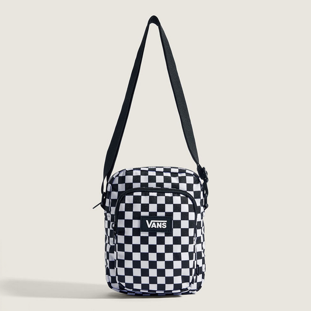 Logo Check 黑白色棋盤格斜背包
