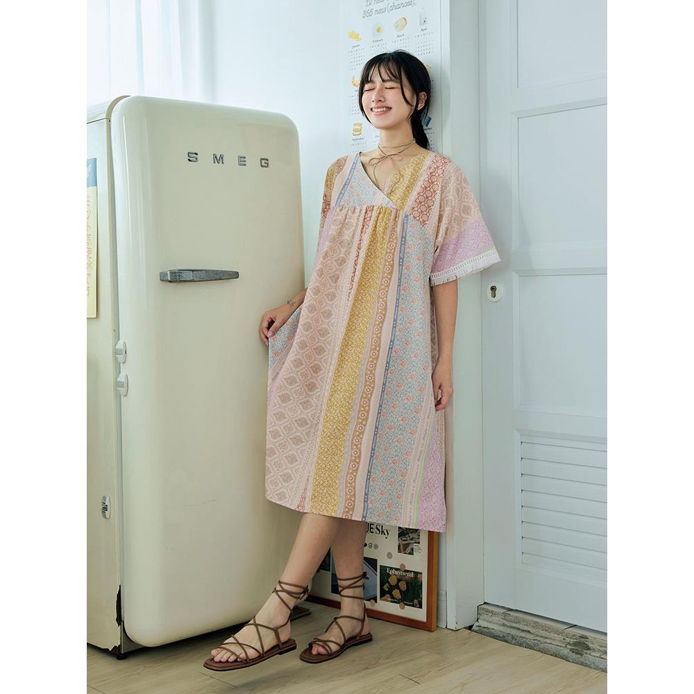 日系純棉拼布感碎花流蘇袖V領洋裝