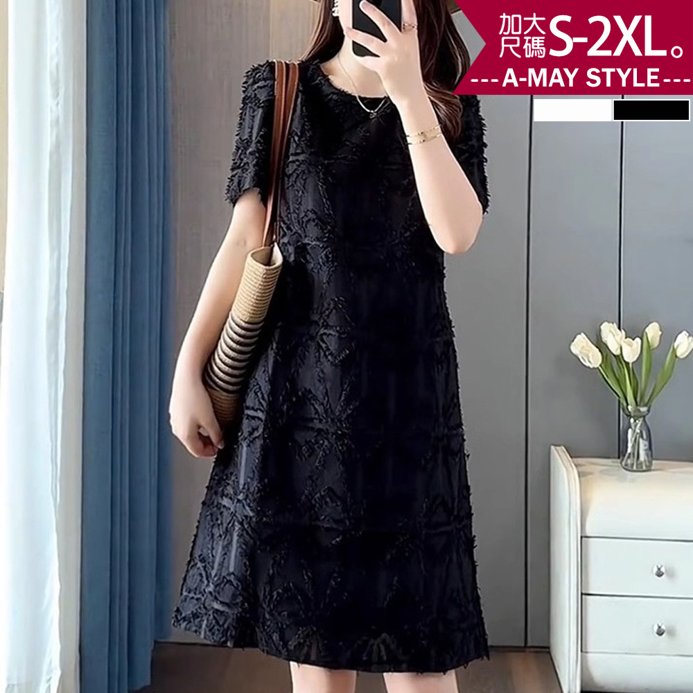 加大碼洋裝 法式浪漫幾何紋短袖連身裙洋裝S-2XL)【XAM2505S58】＊艾美時尚(現 預)