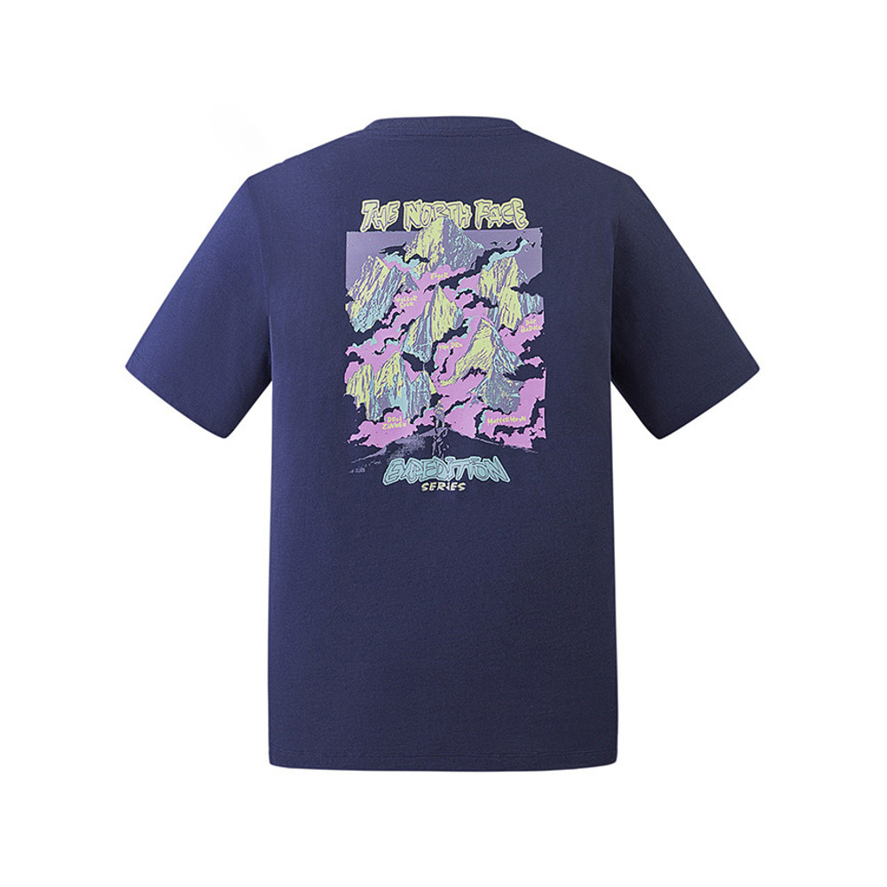 The North Face北面男女款藍色純棉趣味印花設計短袖T恤｜8F088K2