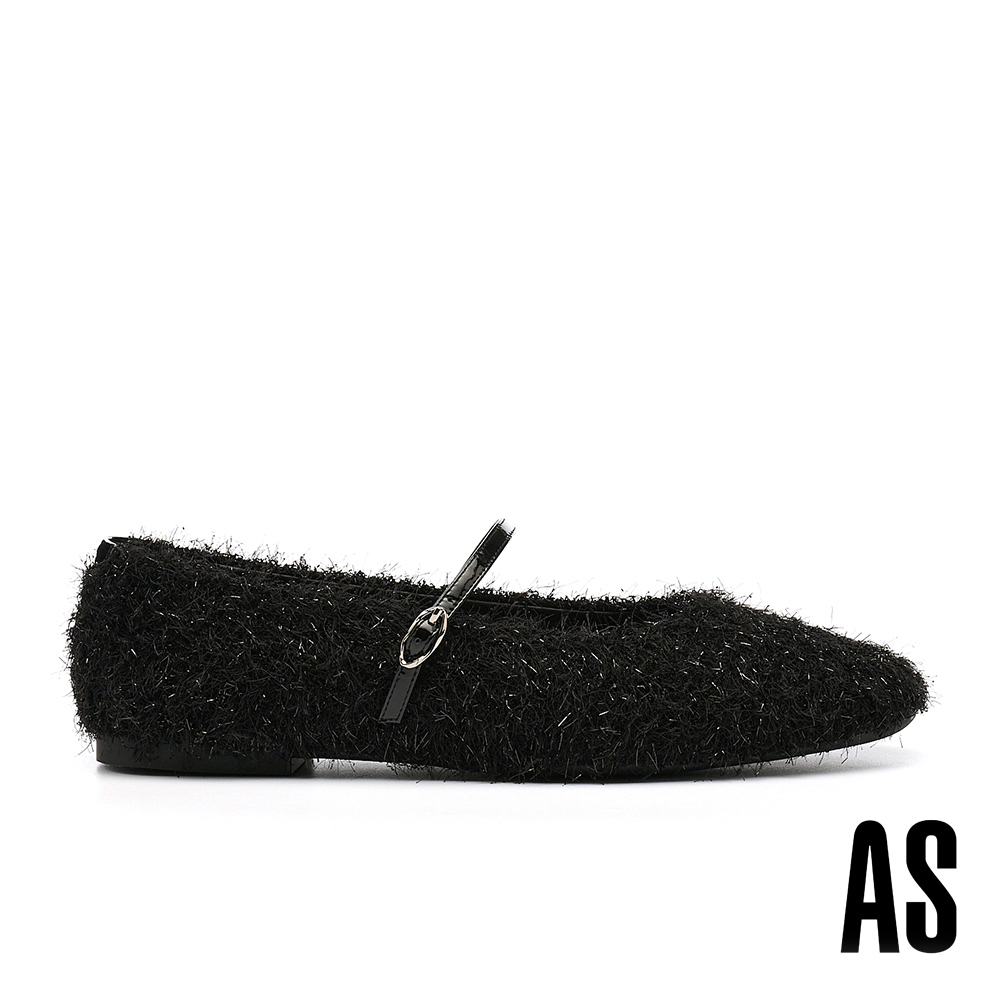 AS 奢華狂歡亮感繫帶細閃絨毛布瑪莉珍平底鞋－黑