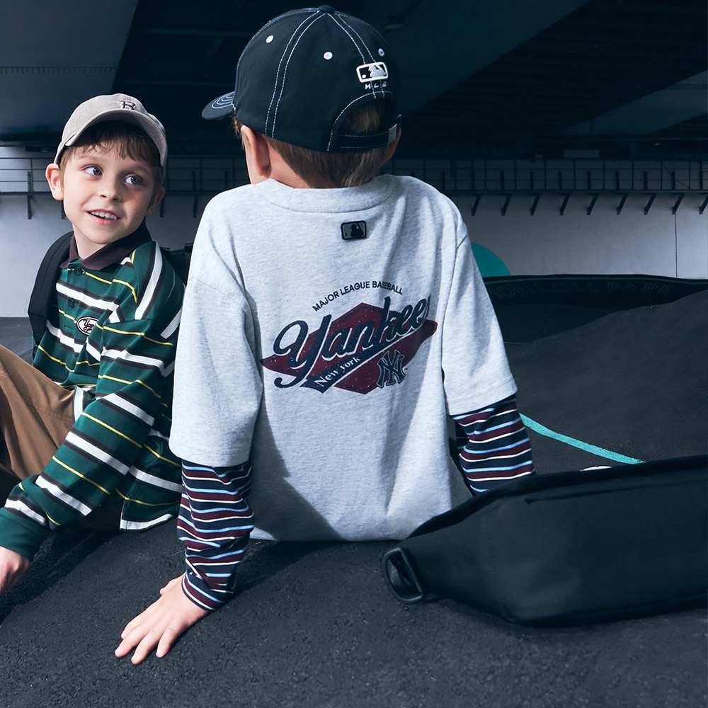 MLB KIDS 條紋層次長袖T恤 童裝 紐約洋基隊 (7ATSB0254-50MGL)