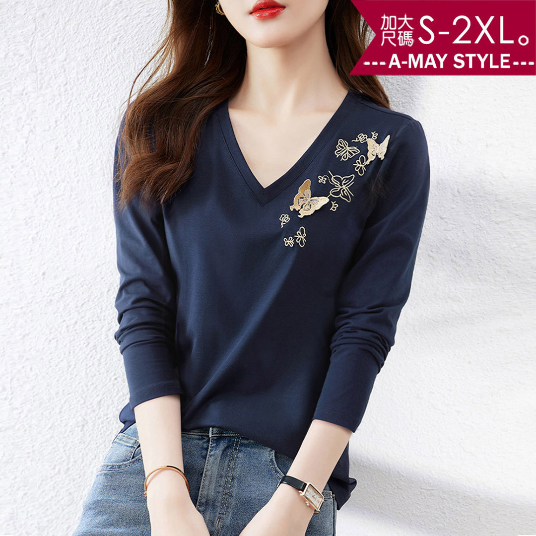 加大碼T恤 蝴蝶繡花修身V領顯瘦長袖上衣(S-2XL)【XAS250842】＊艾美時尚(現 預)