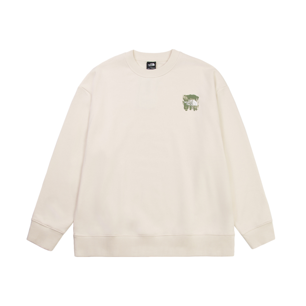 The North Face北面男女款米白色大尺寸品牌印花長袖大學T｜8F0MQLI