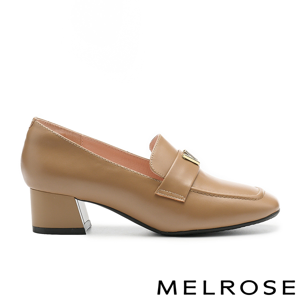 MELROSE 美樂斯 別致品味V字釦牛皮樂福方頭高跟鞋－棕