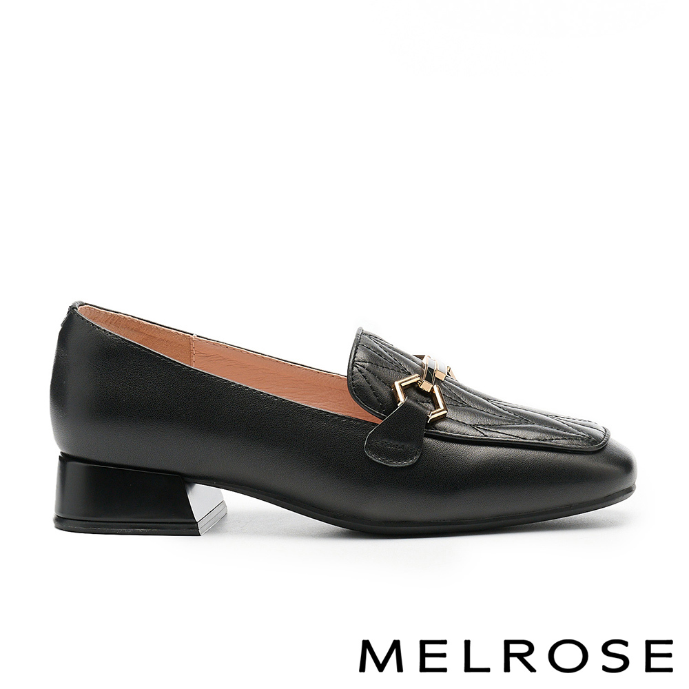 MELROSE 美樂斯 復古時尚造型釦牛皮樂福方頭低跟鞋－黑