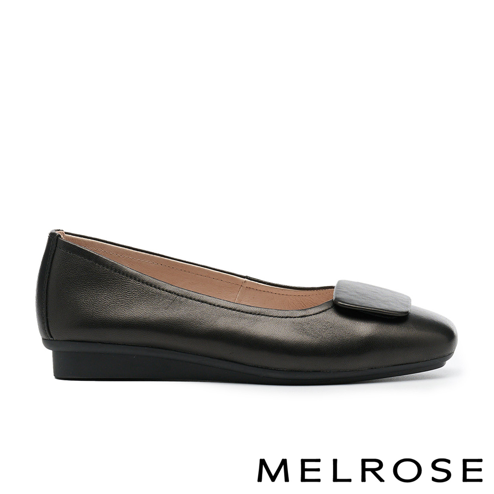 MELROSE 美樂斯 簡約典雅純色方釦全真皮楔型方頭低跟鞋－黑