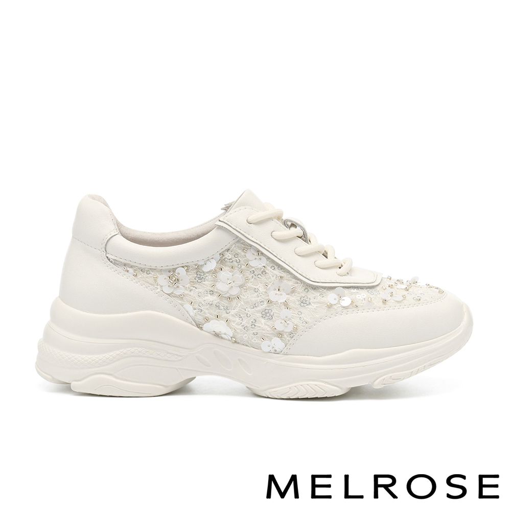 MELROSE 美樂斯 精緻時尚亮片花拼接牛皮綁帶厚底休閒鞋－白