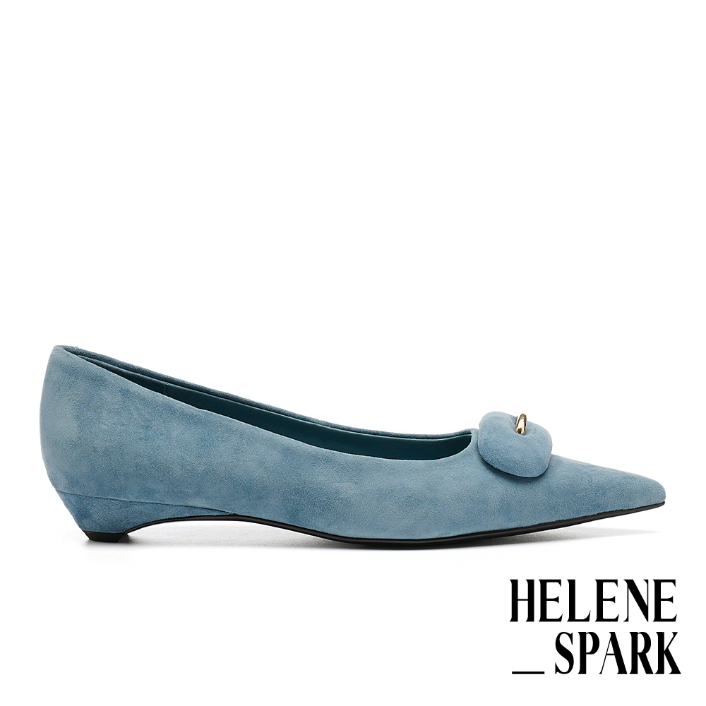 HELENE_SPARK 輕奢高雅金屬環釦全真皮尖頭低跟鞋－藍