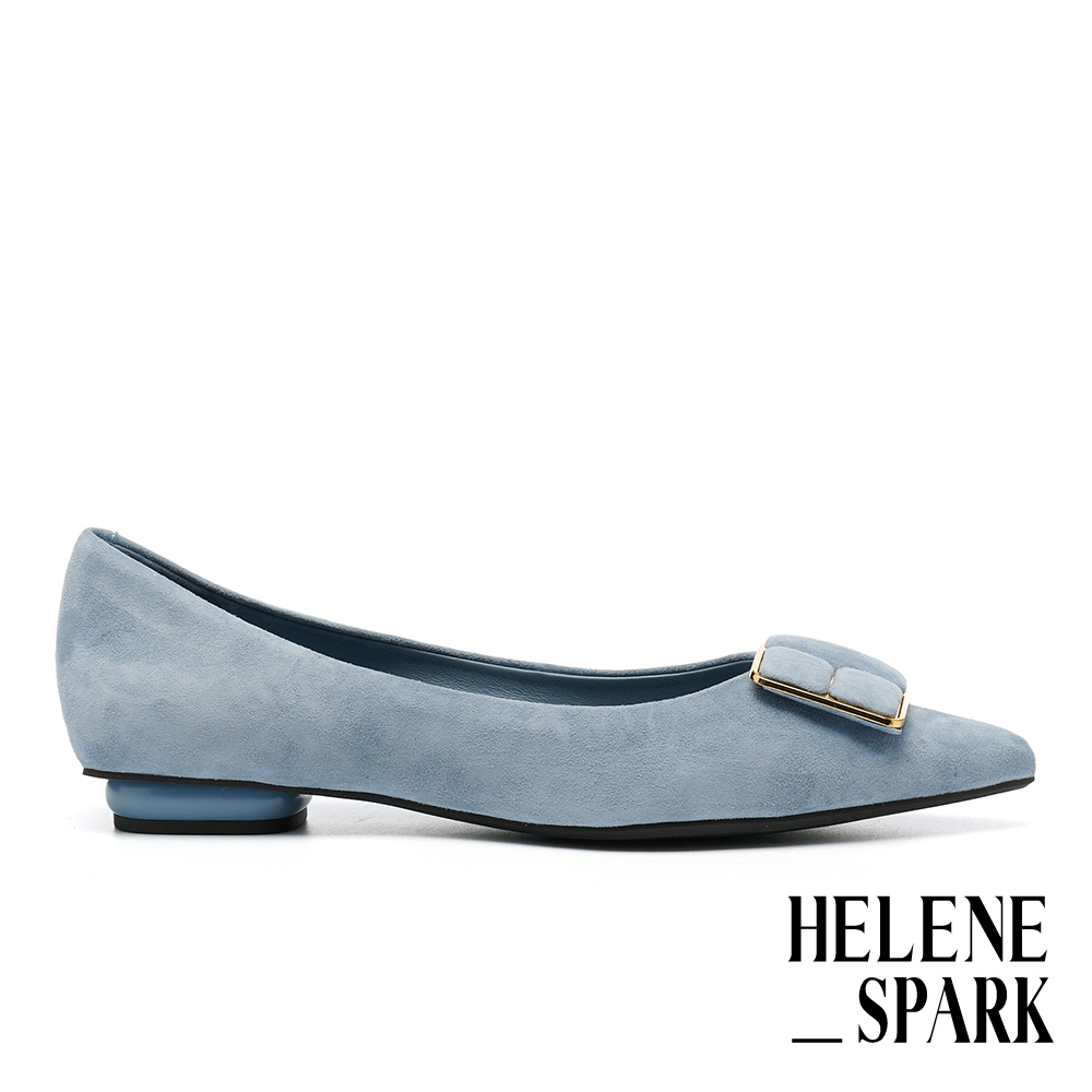 HELENE_SPARK 輕奢時尚造型長方釦全真皮尖頭平底鞋－藍