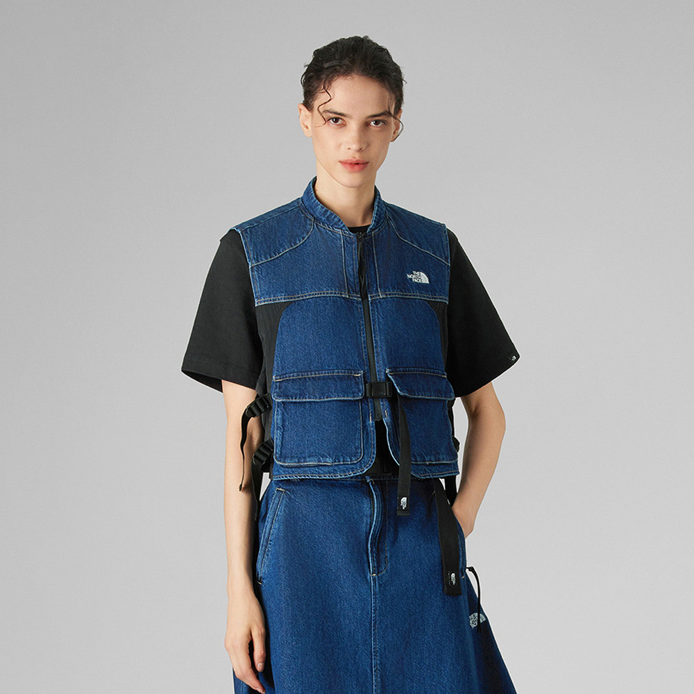 UE女款藍色純棉可調節丹寧背心｜8E6WDG7