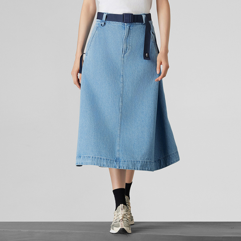 UE女款藍色純棉附可拆卸腰帶丹寧短裙｜8E6XDF7