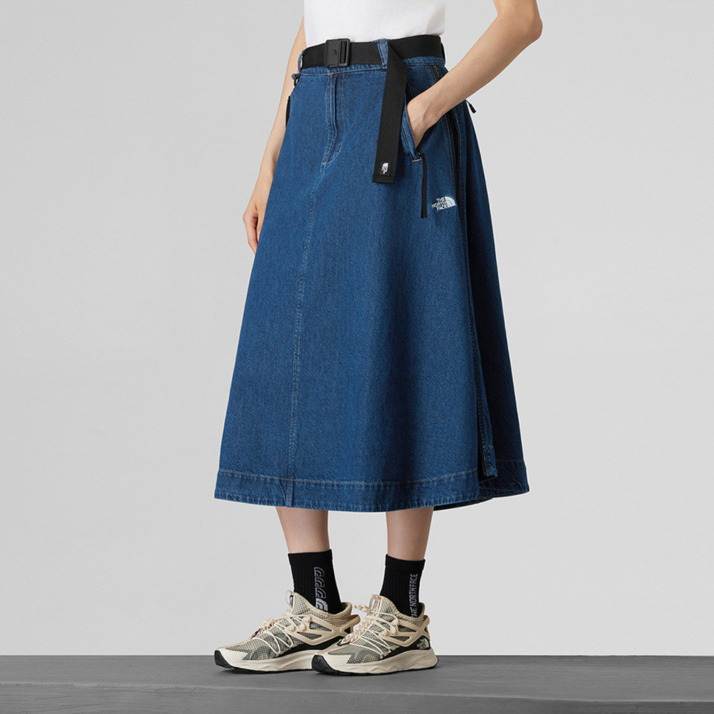 UE女款藍色純棉附可拆卸腰帶丹寧短裙｜8E6XDG7