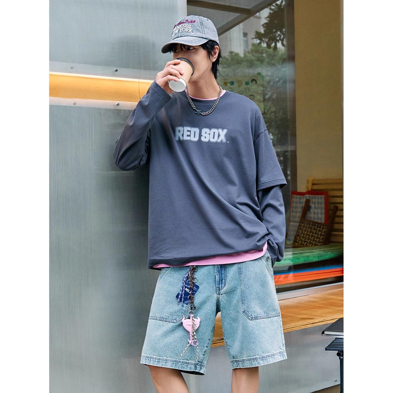 MLB 假兩件長袖T恤 波士頓紅襪隊 (3ATSB0854-43CGS)