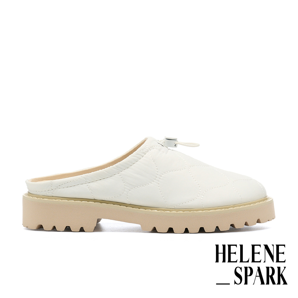 HELENE_SPARK 率性舒適愛心壓扣鋪棉萊卡布休閒厚底穆勒拖鞋－白