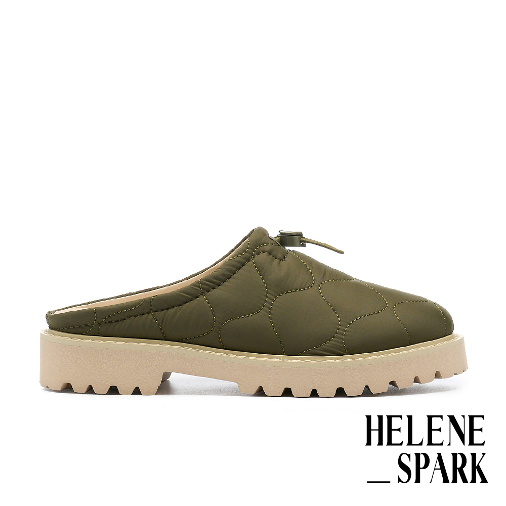HELENE_SPARK 率性舒適愛心壓扣鋪棉萊卡布休閒厚底穆勒拖鞋－綠