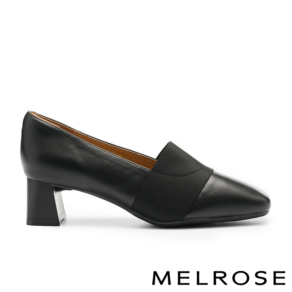 MELROSE 美樂斯 內斂知性鬆緊帶拼接牛皮方頭高跟鞋－黑