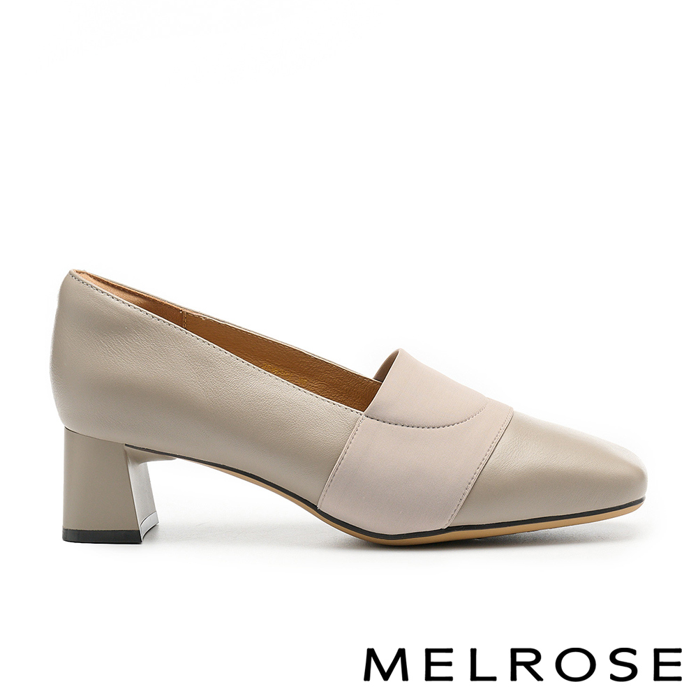 MELROSE 美樂斯 內斂知性鬆緊帶拼接牛皮方頭高跟鞋－可可