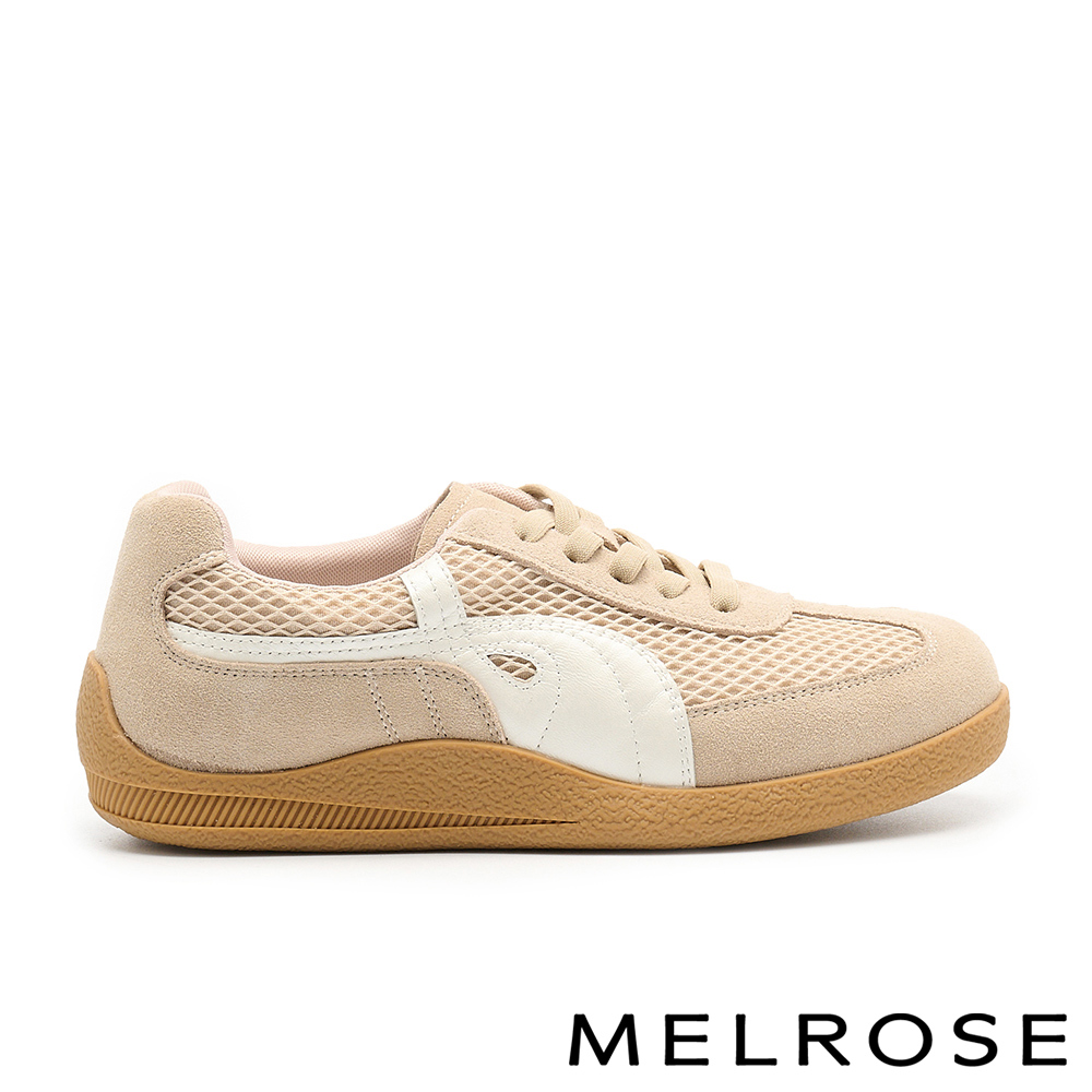 MELROSE 美樂斯 美式復古跳色線條異材質綁帶厚底休閒鞋－米