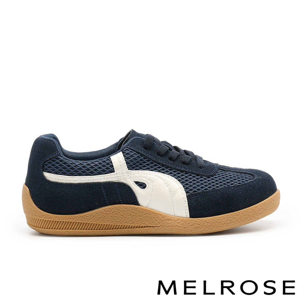 MELROSE 美樂斯 美式復古跳色線條異材質綁帶厚底休閒鞋－藍