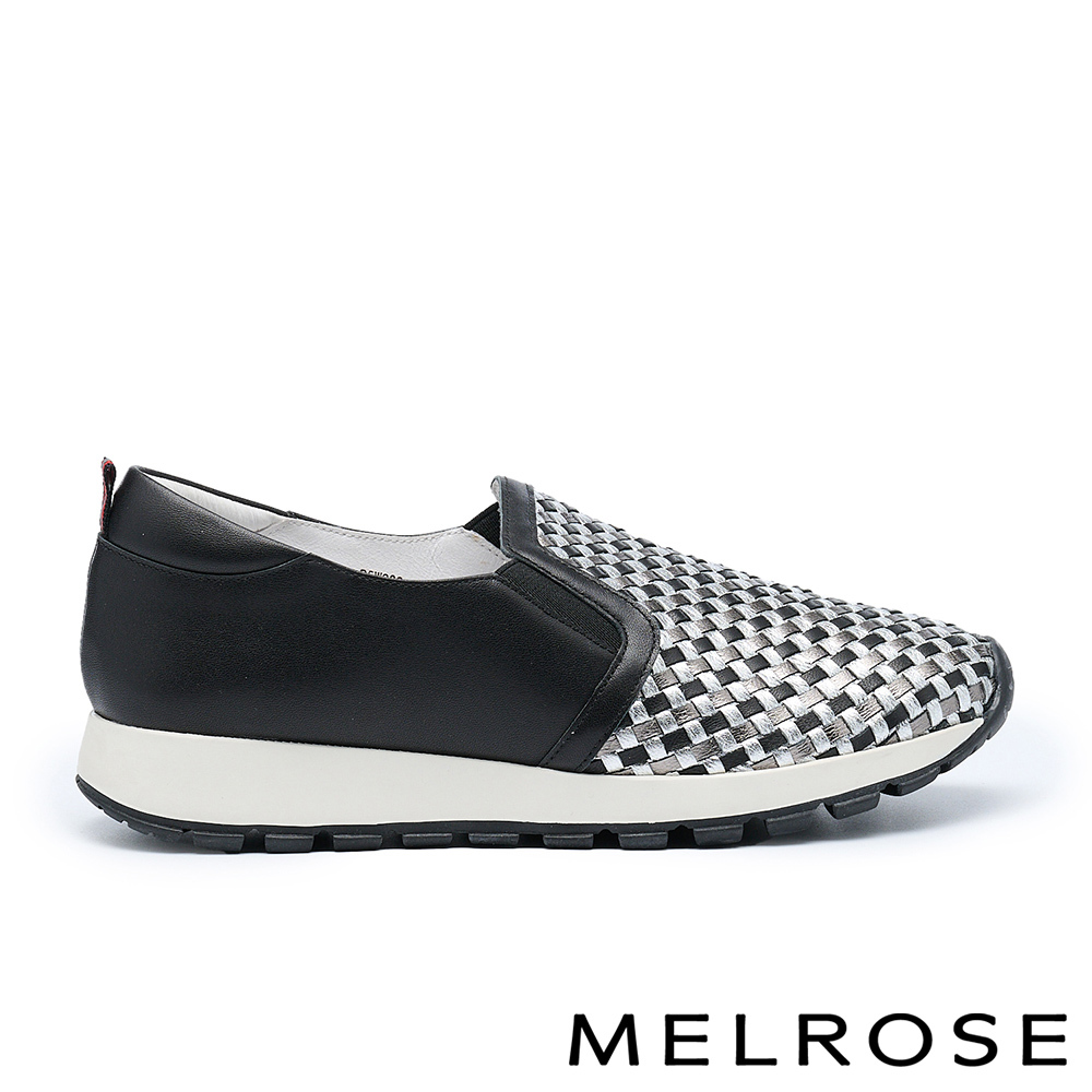 MELROSE 美樂斯 日常百搭編織造型全真皮厚底休閒鞋－黑銀
