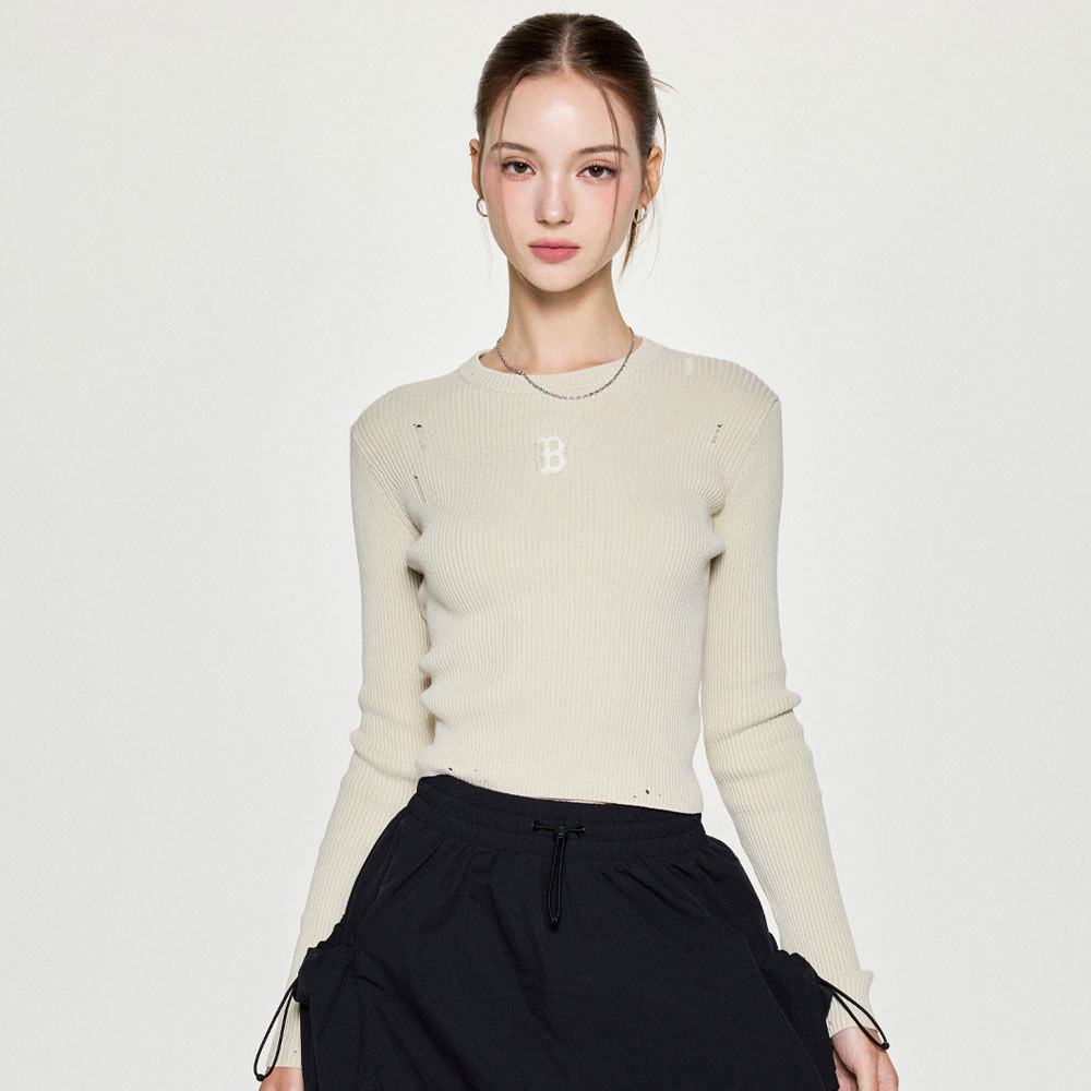 MLB 女版復古水洗羅紋針織毛衣 波士頓紅襪隊 (3FKPB0354-43SAL)｜舒適耐穿