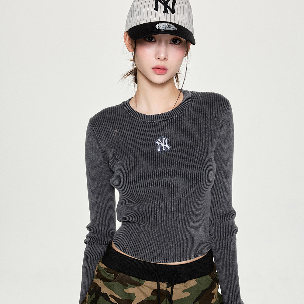 MLB 女版復古水洗羅紋針織毛衣 紐約洋基隊 (3FKPB0354-50CGS)