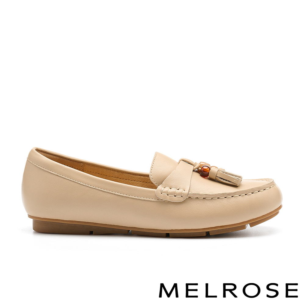 MELROSE 美樂斯 日常百搭雙色琉璃圓珠流蘇牛皮樂福平底鞋－粉米